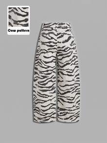 SHEIN PETITE 女款斑馬紋寬腿寬鬆休閒牛仔褲 - 彩色 - 查看 2