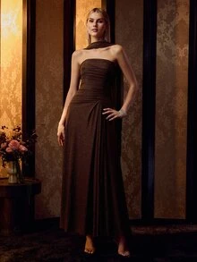 MOTF Soiréza WOMEN'S ELASTIC COMFORTABLE STRAPLESS LONG DRESS FOR OCCASIONS - Coffee Brown - View 3