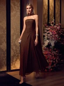 MOTF Soiréza WOMEN'S ELASTIC COMFORTABLE STRAPLESS LONG DRESS FOR OCCASIONS - Coffee Brown - View 6