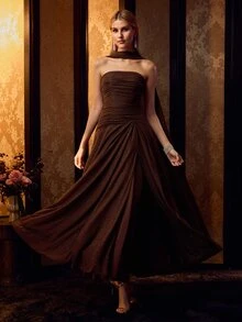 MOTF Soiréza WOMEN'S ELASTIC COMFORTABLE STRAPLESS LONG DRESS FOR OCCASIONS - Coffee Brown - View 4