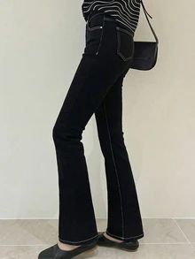 Dazy Tall Women's Contrast Stitching Elegant Streetwear Casual Button Flared Jeans Summer Brunch Black - Black - View 6