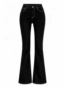 Dazy Tall Women's Contrast Stitching Elegant Streetwear Casual Button Flared Jeans Summer Brunch Black - Black - View 3