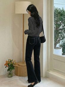Dazy Tall Women's Contrast Stitching Elegant Streetwear Casual Button Flared Jeans Summer Brunch Black - Black - View 4