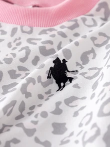 SHEIN Elladie kids 女童豹紋拼色喇叭褲兩件套：灰色圓領長袖衛衣，粉色滾邊馬匹圖案高腰蝴蝶結裝飾校園風 - 淺灰色 - 查看 8