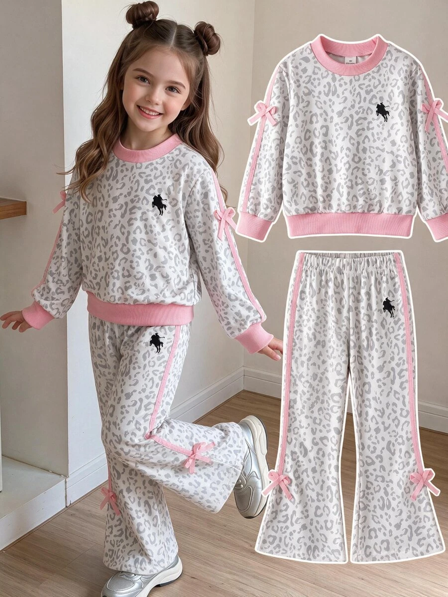 SHEIN Elladie kids 女童豹紋拼色喇叭褲兩件套:灰色圓領長袖衛衣,粉色滾邊馬匹圖案高腰蝴蝶結裝飾校園風 - 淺灰色 - 查看 1