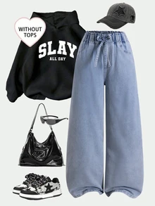 SHEIN Sparklyn TEEN GIRLS Loose Straight Leg Jeans With Faux Drawstring Waist, Light Blue Washed Denim With Cat Whisker Effect, Casual Minimalist Fashion Style - Light Wash - View 4