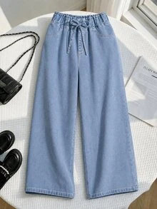 SHEIN Sparklyn TEEN GIRLS Loose Straight Leg Jeans With Faux Drawstring Waist, Light Blue Washed Denim With Cat Whisker Effect, Casual Minimalist Fashion Style - Light Wash - View 3
