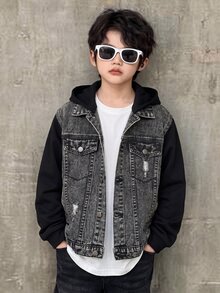 SHEIN Explorewe Denimly 男童休閒日常都市街頭運動衫布料拼接設計可拆卸帽兜極簡舒適水洗牛仔夾克 - 黑色 - 查看 1