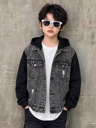 SHEIN Explorewe Jaket Denim Kasual Anak Laki-Laki Gaya Jalanan Urban Sehari-hari dengan Desain Patchwork Kain, Tudung Lepas Pasang, Minimalis, Nyaman, dan Bahan Denim yang Dicuci