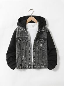 SHEIN Explorewe Denimly 男童休閒日常都市街頭運動衫布料拼接設計可拆卸帽兜極簡舒適水洗牛仔夾克 - 黑色 - 查看 5