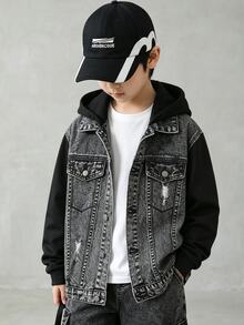 SHEIN Explorewe Denimly 男童休閒日常都市街頭運動衫布料拼接設計可拆卸帽兜極簡舒適水洗牛仔夾克 - 黑色 - 查看 3