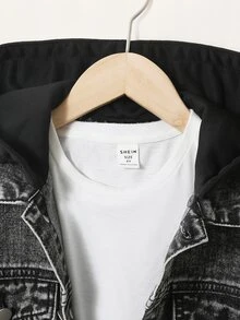 SHEIN Explorewe Denimly 男童休閒日常都市街頭運動衫布料拼接設計可拆卸帽兜極簡舒適水洗牛仔夾克 - 黑色 - 查看 7
