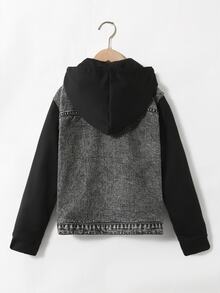 SHEIN Explorewe Denimly 男童休閒日常都市街頭運動衫布料拼接設計可拆卸帽兜極簡舒適水洗牛仔夾克 - 黑色 - 查看 2