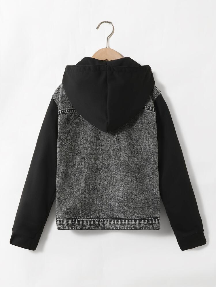 SHEIN Explorewe Denimly Boys Casual Daily Urban Street Sweatshirt Fabric Patchwork Design Detachable Hood Minimalist Comfortable Washed Denim Jacket - Black - View 2