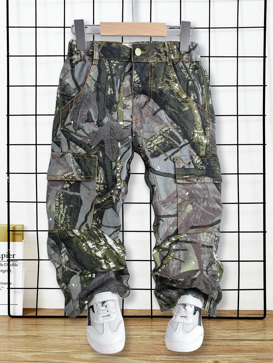 SHEIN Boys' Casual Straight Leg Camouflage Denim Jeans - Army Green - View 1