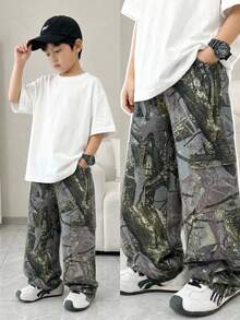 SHEIN Boys' Casual Straight Leg Camouflage Denim Jeans - Army Green - View 5