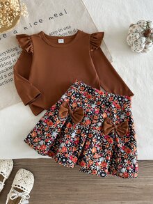 SHEIN Playful Pals 2pcs Toddler Girl Ruffle Top Skirt Set Elegant Brown Ribbed Ruffle Bow Knot Floral Long Sleeve Round Neck Birthday Party Autumn Princess Ballet Cozy - Khaki - View 6