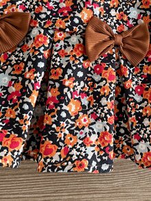 SHEIN Playful Pals 2pcs Toddler Girl Ruffle Top Skirt Set Elegant Brown Ribbed Ruffle Bow Knot Floral Long Sleeve Round Neck Birthday Party Autumn Princess Ballet Cozy - Khaki - View 8