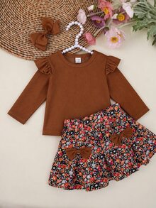 SHEIN Playful Pals 2pcs Toddler Girl Ruffle Top Skirt Set Elegant Brown Ribbed Ruffle Bow Knot Floral Long Sleeve Round Neck Birthday Party Autumn Princess Ballet Cozy - Khaki - View 2