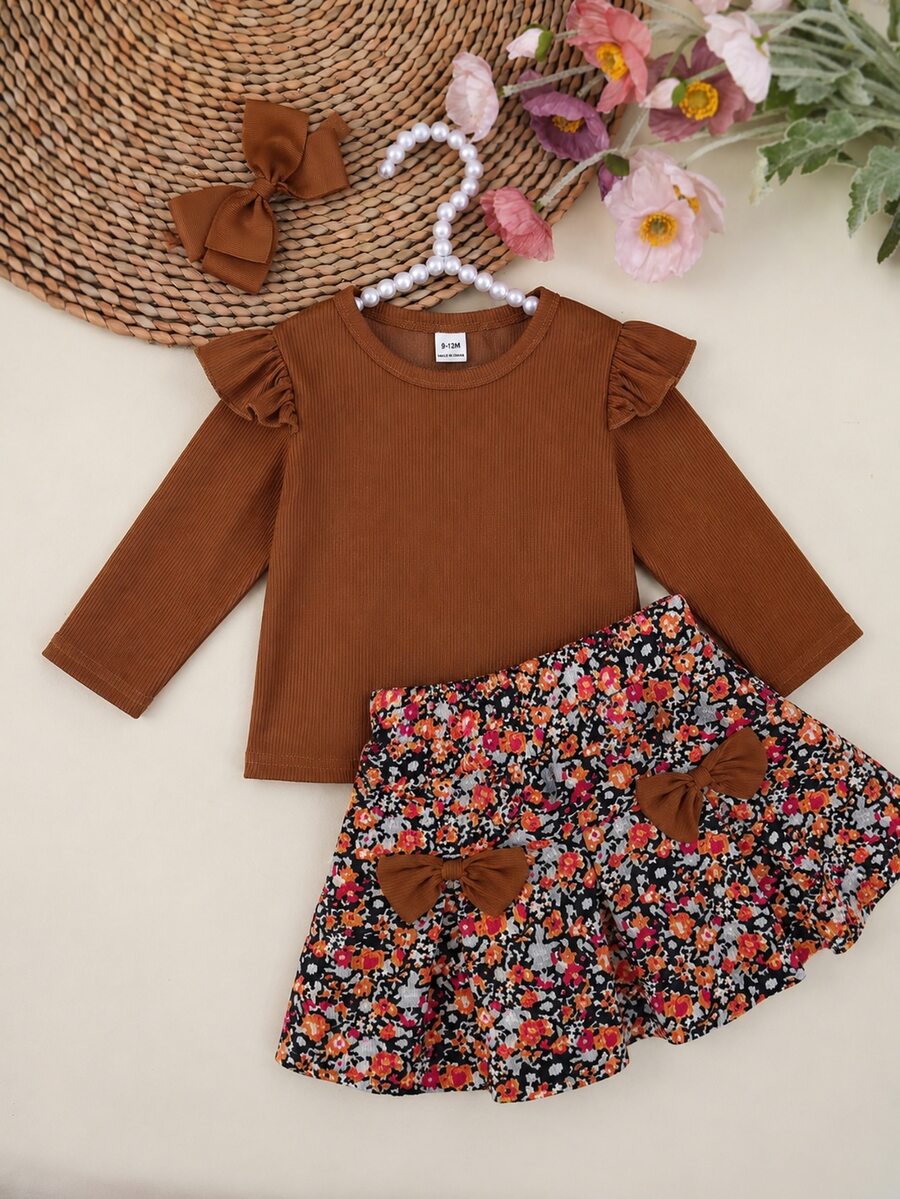 SHEIN Playful Pals 2pcs Toddler Girl Ruffle Top Skirt Set Elegant Brown Ribbed Ruffle Bow Knot Floral Long Sleeve Round Neck Birthday Party Autumn Princess Ballet Cozy