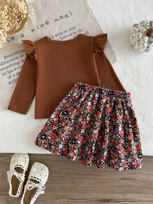 SHEIN Playful Pals 2pcs Toddler Girl Ruffle Top Skirt Set Elegant Brown Ribbed Ruffle Bow Knot Floral Long Sleeve Round Neck Birthday Party Autumn Princess Ballet Cozy - Khaki - View 3