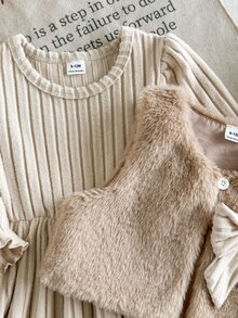 SHEIN Vintaside Kids 2件組幼女洋裝與背心套裝，甜美優雅卡其米色蝴蝶結毛絨羊羔絨羅紋荷葉邊長袖，生日派對冬季公主風保暖禮物 - 卡其色 - 查看 12