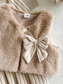SHEIN Vintaside Kids 2件組幼女洋裝與背心套裝，甜美優雅卡其米色蝴蝶結毛絨羊羔絨羅紋荷葉邊長袖，生日派對冬季公主風保暖禮物 - 卡其色 - 查看 8