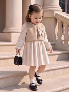 SHEIN Vintaside Kids 2件組幼女洋裝與背心套裝，甜美優雅卡其米色蝴蝶結毛絨羊羔絨羅紋荷葉邊長袖，生日派對冬季公主風保暖禮物 - 卡其色 - 查看 2