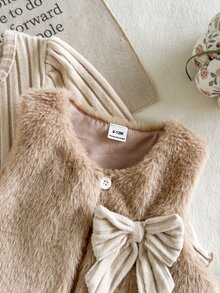 SHEIN Vintaside Kids 2件組幼女洋裝與背心套裝，甜美優雅卡其米色蝴蝶結毛絨羊羔絨羅紋荷葉邊長袖，生日派對冬季公主風保暖禮物 - 卡其色 - 查看 10