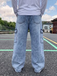 Coolqubz Tween Boy Casual Fashion Y2K Retro Wide Leg Cargo Jeans, Flap Pocket Design, Loose Light Wash Denim Pants, Suitable For Daily Wear And Back To School - Light Wash - View 2