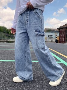 Coolqubz Tween Boy Casual Fashion Y2K Retro Wide Leg Cargo Jeans, Flap Pocket Design, Loose Light Wash Denim Pants, Suitable For Daily Wear And Back To School - Light Wash - View 6