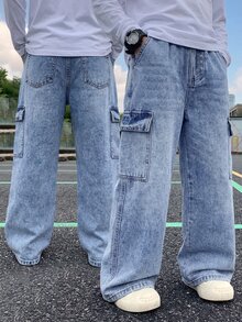 Coolqubz Tween Boy Casual Fashion Y2K Retro Wide Leg Cargo Jeans, Flap Pocket Design, Loose Light Wash Denim Pants, Suitable For Daily Wear And Back To School - Light Wash - View 4