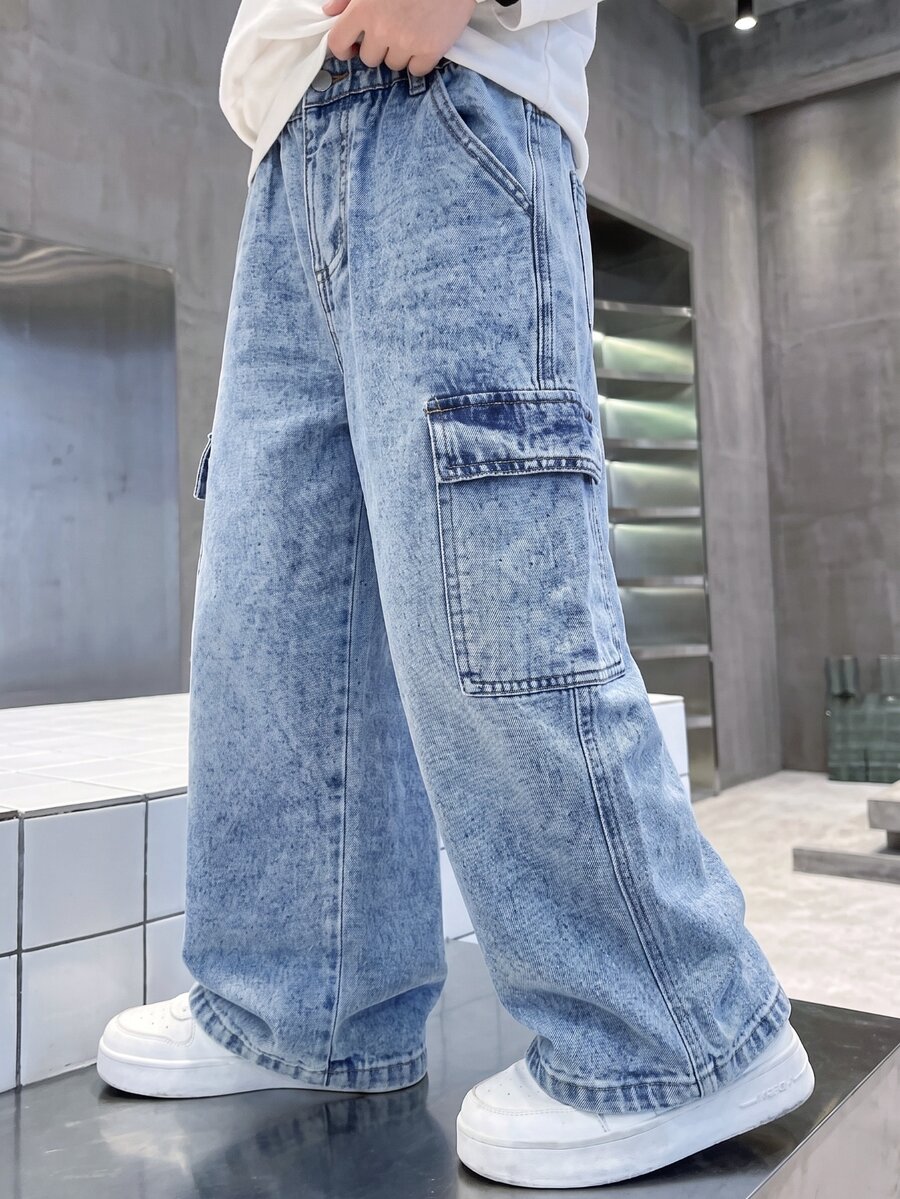Coolqubz Tween Boy Casual Fashion Y2K Retro Wide Leg Cargo Jeans, Flap Pocket Design, Loose Light Wash Denim Pants, Suitable For Daily Wear And Back To School - Light Wash - View 1