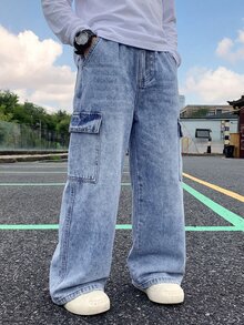 Coolqubz Tween Boy Casual Fashion Y2K Retro Wide Leg Cargo Jeans, Flap Pocket Design, Loose Light Wash Denim Pants, Suitable For Daily Wear And Back To School - Light Wash - View 5