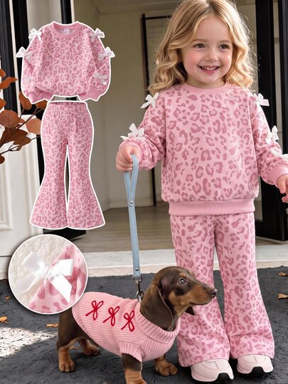 SHEIN Elladie kids 2pcs/Set Girls Sweet & Cool 3D Bow Decor Pink Top + Pink Flare Pants Outfit, Pink Top With Multiple White Bows, Pink Leopard Print Flare Pants With Fashionable Cut, Overall Sweet & Cool Style Blending Cute And Fashionable, Suitable For Back To School, Outings, Streetwear