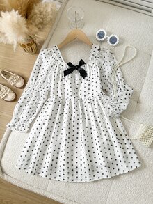 SHEIN Elladie kids 女童拼色波點印花長袖休閒仙女花童梭織雪紡洋裝 秋季婚禮 7 歲生日 白色 - 彩色 - 查看 3