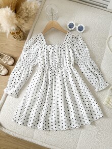 SHEIN Elladie kids 女童拼色波點印花長袖休閒仙女花童梭織雪紡洋裝 秋季婚禮 7 歲生日 白色 - 彩色 - 查看 2