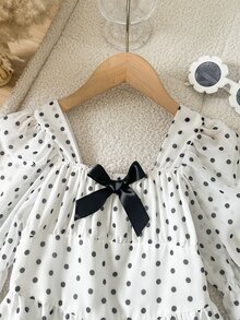 SHEIN Elladie kids 女童拼色波點印花長袖休閒仙女花童梭織雪紡洋裝 秋季婚禮 7 歲生日 白色 - 彩色 - 查看 4