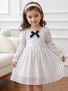 SHEIN Elladie kids 女童拼色波點印花長袖休閒仙女花童梭織雪紡洋裝 秋季婚禮 7 歲生日 白色 - 彩色 - 查看 1