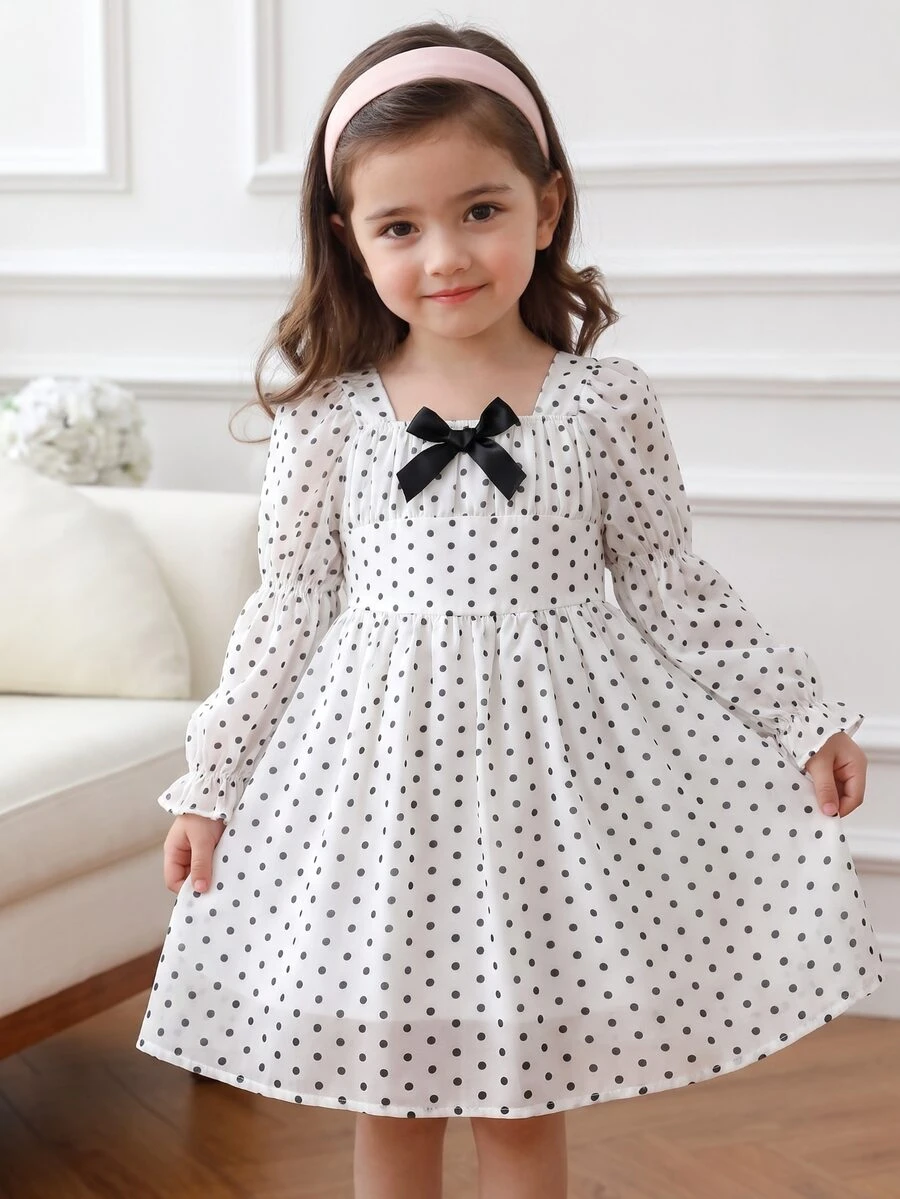 SHEIN Elladie kids 女童拼色波點印花長袖休閒仙女花童梭織雪紡洋裝 秋季婚禮 7 歲生日 白色 - 彩色 - 查看 1