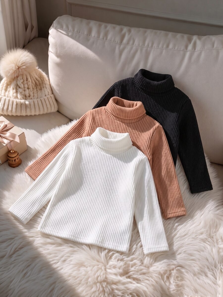 SHEIN 3pcs/Set Girls Toddler Simple Daily Fleece Ribbed High Neck Long Sleeve T-Shirt Black White Brown Combination Pack Autumn Winter Inner Layer - Multicolor - View 1