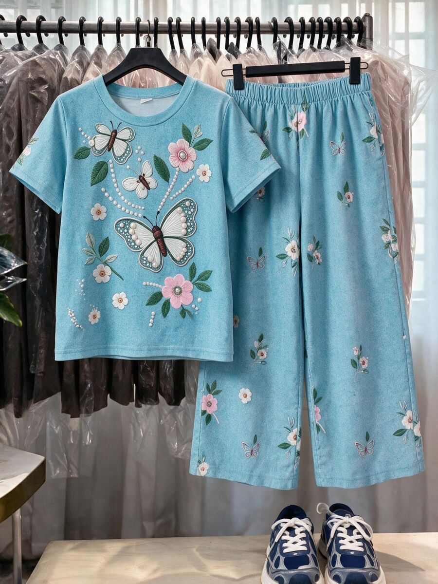 SHEIN Elladie kids 2pcs/Sets Basic Casual Lazy Solid Color Outfit, Round Neck Short Sleeve T-Shirt Paired With Striped Fabric Straight Leg Pants, Suitable For Daily Outings And Multiple Occasions, Spring Summer All Season Children Daily Comfortable Summer Outfit - Blue - View 1