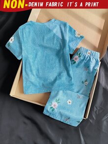 SHEIN Elladie kids 2pcs/Sets Basic Casual Lazy Solid Color Outfit, Round Neck Short Sleeve T-Shirt Paired With Striped Fabric Straight Leg Pants, Suitable For Daily Outings And Multiple Occasions, Spring Summer All Season Children Daily Comfortable Summer Outfit - Blue - View 2