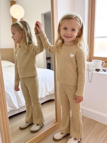 Elladie kids 女童長袖卡其色上衣與喇叭褲套裝，春秋新款2件式日常穿著開學套裝 - 卡其色 - 查看 4