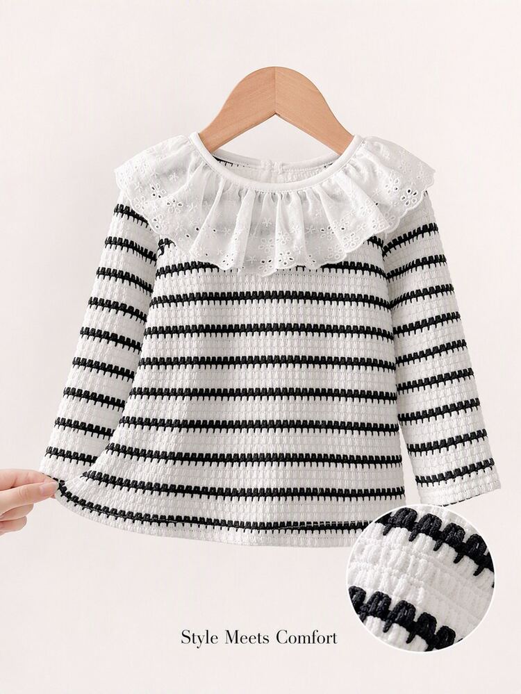 SHEIN Playful Pals 1pc Toddler Girl T-Shirt Top Sweet Black White Striped Waffle Knit Lace Ruffle Collar Long Sleeve Round Regular School Autumn Princess Cozy Ballerina - Black and White - View 9
