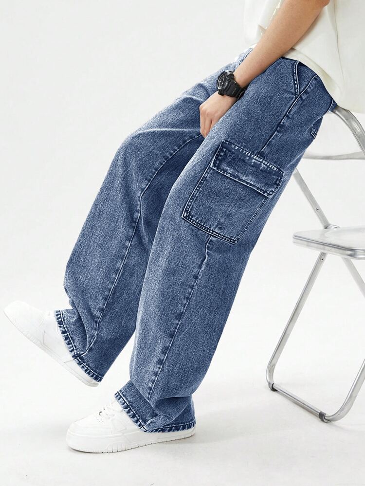 Quần dài denim cho bé trai tuổi teen, mùa hè, mềm mại, cotton, phong cách thường ngày, thời trang, đa năng, thoải mái, tối giản, cạp chun co giãn, thiết kế nhiều túi cargo, ống suông rộng, màu đen xám wash, phù hợp mặc hằng ngày và đi du lịch - Rửa trung bình - Xem 1