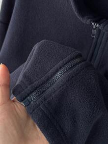 SHEIN 青少年女孩針織深藍色小馬刺繡圖案立領抓絨外套 - 藏蓝色 - 查看 8