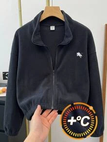 SHEIN 青少年女孩針織深藍色小馬刺繡圖案立領抓絨外套 - 藏蓝色 - 查看 4