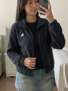 SHEIN 青少年女孩針織深藍色小馬刺繡圖案立領抓絨外套 - 藏蓝色 - 查看 6