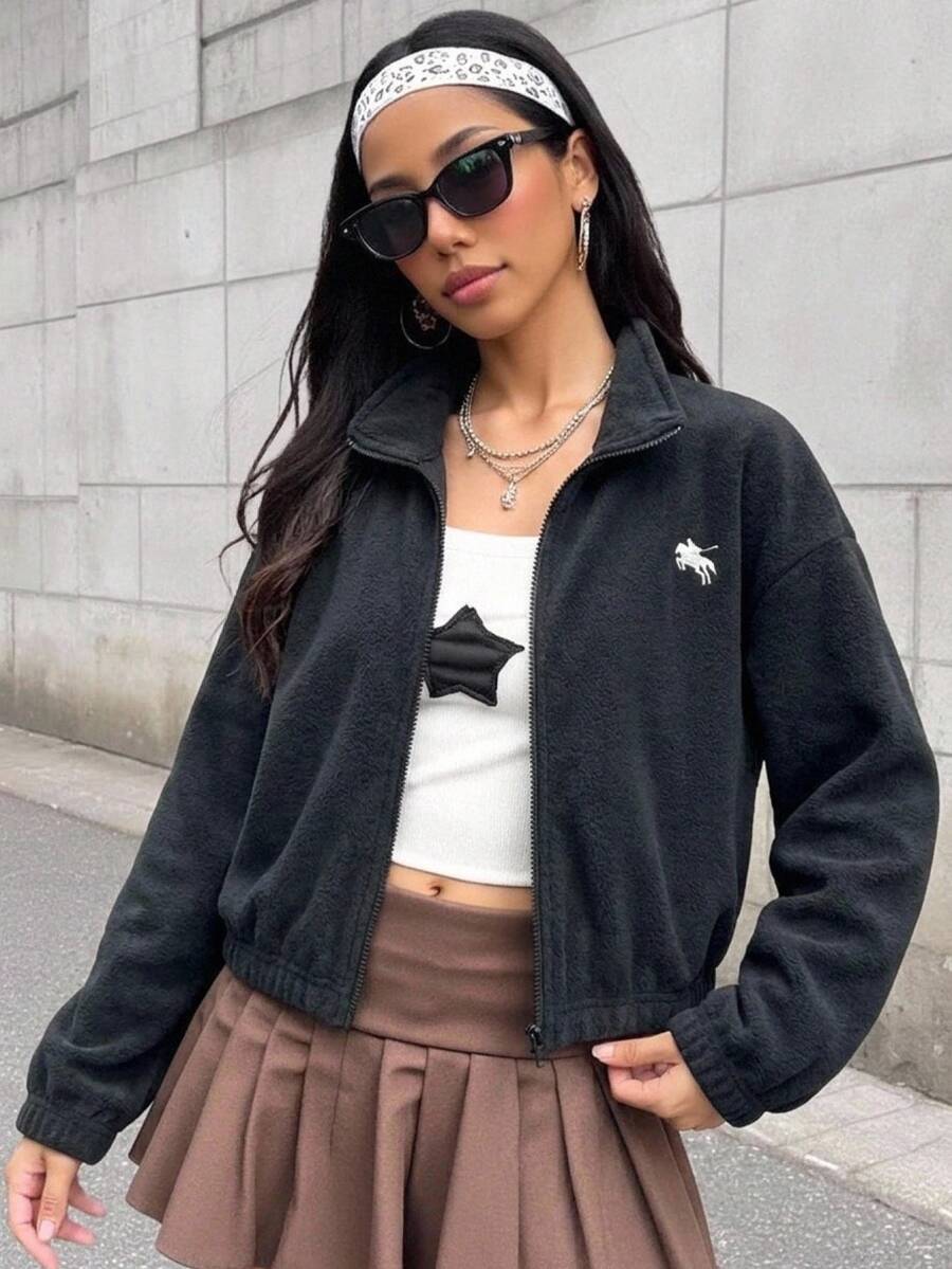 SHEIN 青少年女孩針織深藍色小馬刺繡圖案立領抓絨外套 - 藏蓝色 - 查看 1